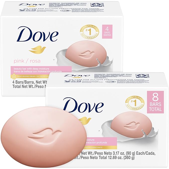 Dove Soap, Pink Beauty Bar 2-Pack (8 Soap Bars) – 3-in-1 Moisturizing Face, Body & Hand Soap, 3.17 Oz Ea