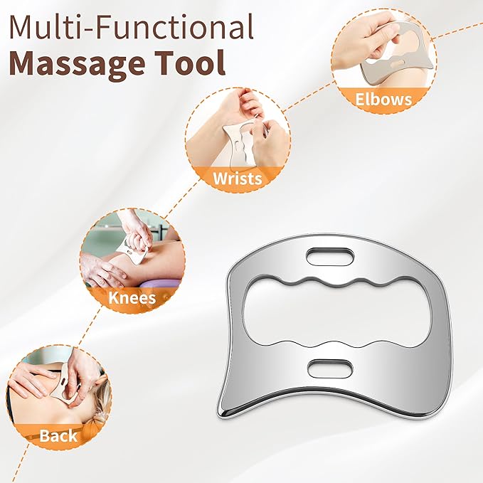 Muscle Scraper Tool, 4 in 1 Gua Sha Body Tool with Long Bar and Derma Edge for Physical Therapy, Multi-Functional Stainless Steel Gua Sha Tool with Storage Bag for Elbows, Wrists, Knees, and Back