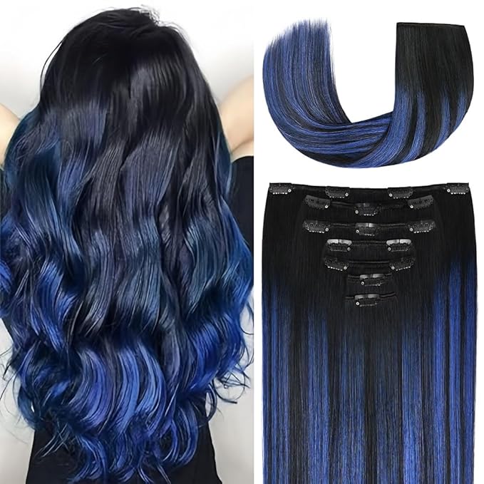 14 Inch Clip-in Hair Extensions Remy Human Hair for Women - Soft Handmade Real Human Hair Clip in Extensions, Straight, Thick, 115g 7pcs #(1B/Blue) T1B Color