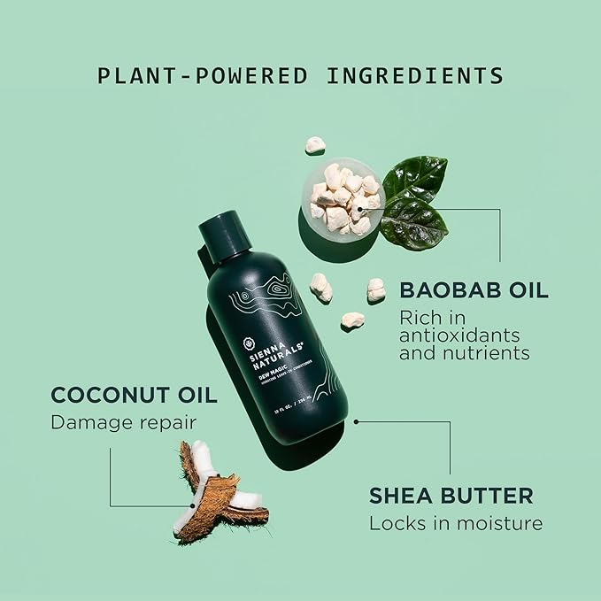 Sienna Naturals - Dew Magic Leave-In Conditioner - Anti Frizz - Lightweight Hydration - Strengthens, Softens & Protects w/Baobab & Coconut Oil - Vegan - Great for Curly Hair - 11oz