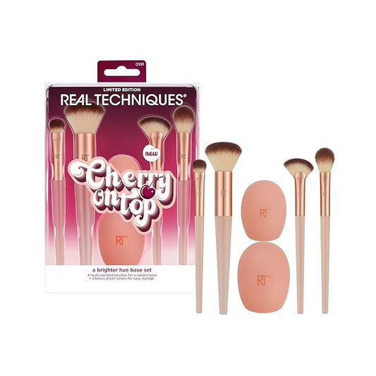 Real Techniques Cherry On Top A Brighter Hue Base Set, Face Makeup Brushes & Travel Covers, For Foundation, Concealer, Powder, & Blush, Synthetic Bristles, Vegan & Cruelty-Free, 6 Piece Set