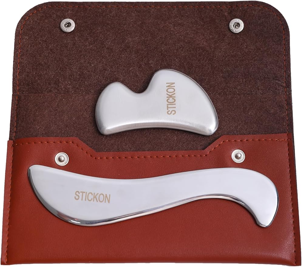STICKON Stainless Steel Gua Sha Muscle Scraper Tool Set 2 in 1 Scraping Massage IASTM Tools,Soft Tissue Massage Tool, Guasha Tool for Body(STICKON-49)