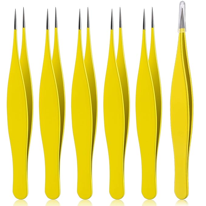 Honoson 6 Pieces Tweezers for Ingrown Hair Remover Pointed Blackhead Remover Point Tip Tweezers Stainless Steel for Nose Facial Hair Eyebrow and Shards(Yellow)
