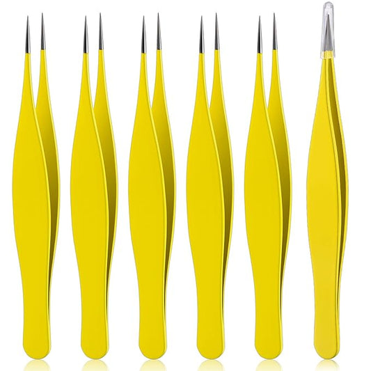 Honoson 6 Pieces Tweezers for Ingrown Hair Remover Pointed Blackhead Remover Point Tip Tweezers Stainless Steel for Nose Facial Hair Eyebrow and Shards(Yellow)