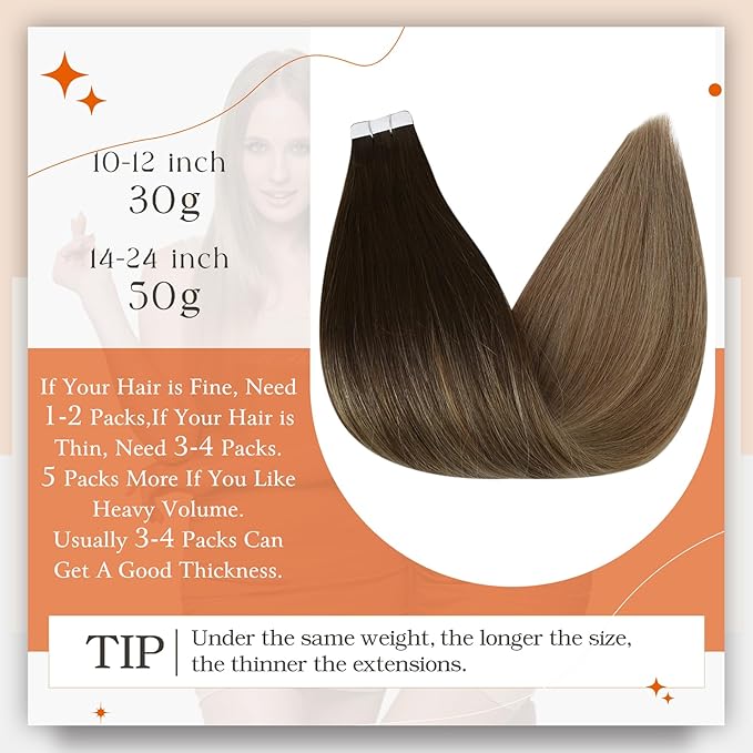 Full Shine Balayage Tape in Hair Extensions Real Human Hair Color 2/6/18 Hair Extensions Tape ins Skin Weft Glue in Human Hair 18 Inch Straight Human Hair Extension 50Gram Invisible Extensions 20Pcs