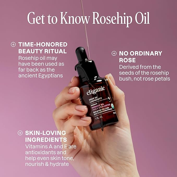Cliganic Organic Rosehip Seed Oil 16oz with Pump for Face, Hair & Body, 100% Pure (Packaging May Vary)