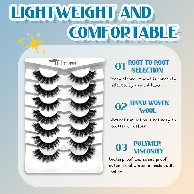 Mink Lashes Fluffy Wispy Lashes Natural Look 3D False Eyelashes D Curl Russian Strip Lashes 14 Pairs Short Fake Eyelash Pack