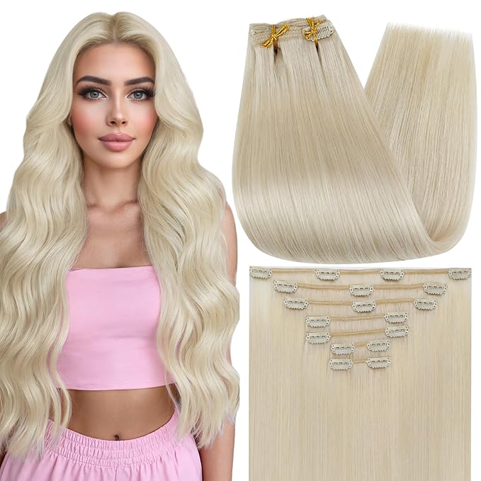 Full Shine Clip in Extensions Real Human Hair Blonde Extensions Clip in 16 Inch White Blonde Human Hair Extensions 7 Pcs 120 G