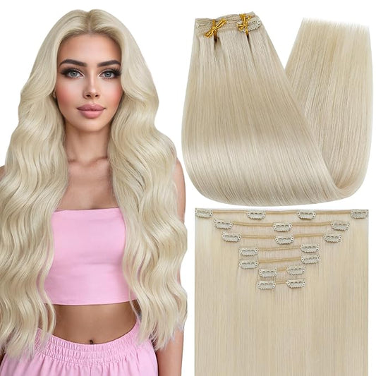Full Shine Blonde Clip in Hair Extensions Real Human Hair 18 Inch Blonde Extensions Clip in for Party for Thinning Hair 120 G 7 Pcs