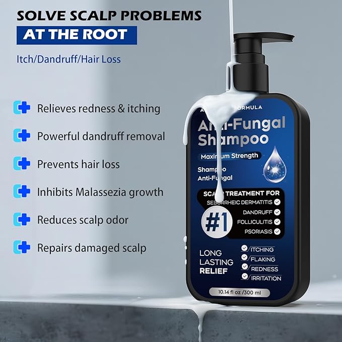 Antifungal Shampoo for Seborrheic Dermatitis, Folliculitis & Scalp Psoriasis, Anti-Dandruff Shampoo for Men & Women, Relieves Scalp Itching, Dryness, Sulfate & Paraben-Free, 10.1 Fl Oz