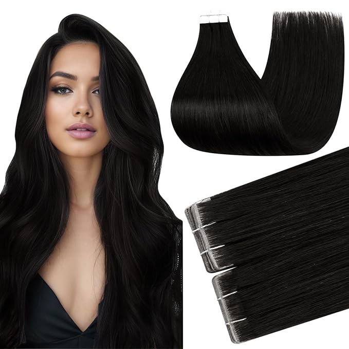 Full Shine Injected Tape In Hair Extensions Color 1B Black Tape in Extensions Real Human Hair Injection Seamless Skin Weft Double Sided Exension 22Inch 50G 20Pcs Long Straight for Wedding