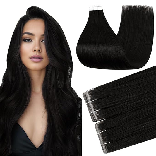 Full Shine Injected Tape In Hair Extensions Color 1B Black Tape in Extensions Real Human Hair Injection Seamless Skin Weft Double Sided Exension 22Inch 50G 20Pcs Long Straight for Wedding