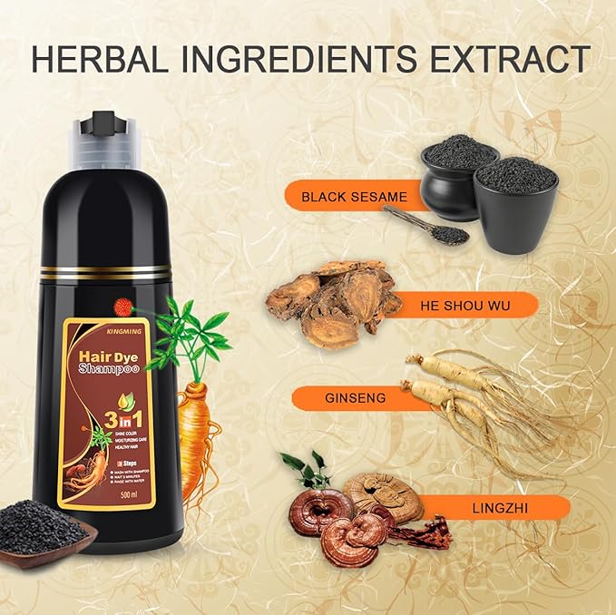 KINGMING Dark Brown Herbal Instant Color Shampoo for Gray Hair Coverage for Women & Men - 3 in 1 Champu Con Tinte Para Canas 500ml