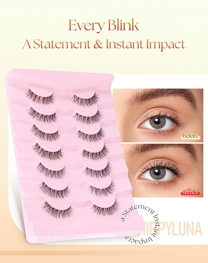 Lashes Natural Look 11MM Short Eyelashes with Clear Band C Curl False Lashes 3D Volume Strip Eyelashes Natural Looking 7 Pair Eye Lash Pack, ChirpyLuna