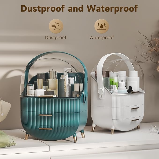 Makeup Organizers, Make Up Organizer for Vanity, Countertop Cosmetic Storage with Drawers and Transparent Cover for Bedroom Bathroom, Green
