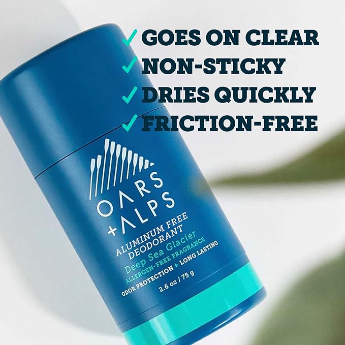 Oars + Alps Deodorant for Men & Women, Aluminum Free Deodorant for Men, Dermatologist Tested, Clean Ingredients, Non Toxic, Vegan, Long Lasting, Deep Sea Glacier, 1pk, 2.6oz