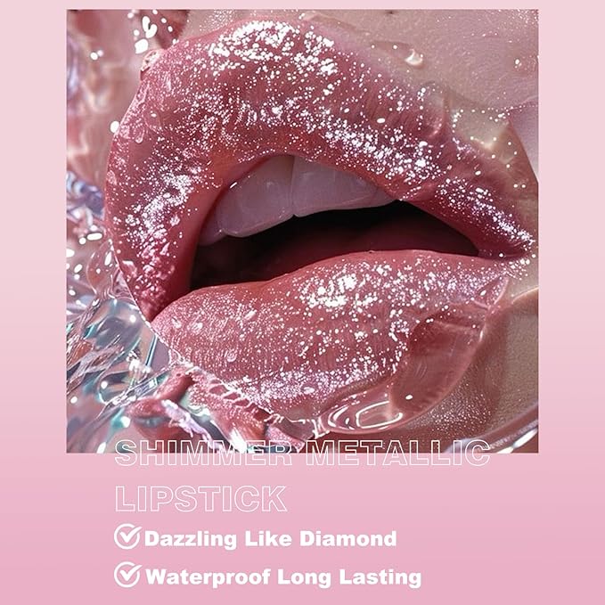 Glitter Lipstick Metallic Lip Stick Long Lasting Waterproof High Shine Diamond Creamy Shimmer Lipstick for Women Transfer Proof Full Coverage Sparkling Hot Pink Lip Crayon Color Makeup, 6