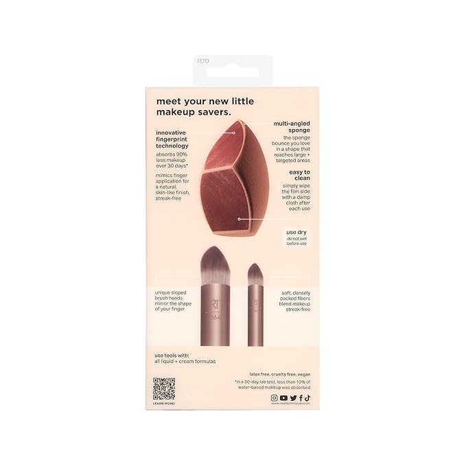 Real Techniques Makeupsaver Sponge + Brush Trio, Makeup Blending Sponge & Brushes For Liquid & Cream Foundation, Natural Finish & Reduces Makeup Waste, Cruelty & Latex-Free, 3 Piece Set