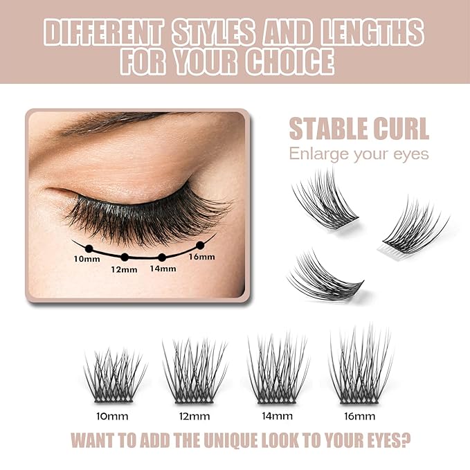 DIY Eyelash Extension, 3D Effect Glue Bonded Band Individual Lash 48 Clusters Volume Lashes Set, Home Eyelash Extension, C curl Lashes Pack 14MM-48 Clusters