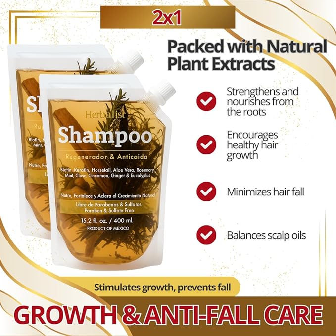 2 Piece Bundle - Herbalista Viral New Herbal Shampoo 400ml (15.2 fl oz) Each - With Real Pieces of Rosemary, Cinnamon, Anise, Clove, Aloe, Ginger, & Eucalyptus, Strengthens Regenerates Boosts Growth