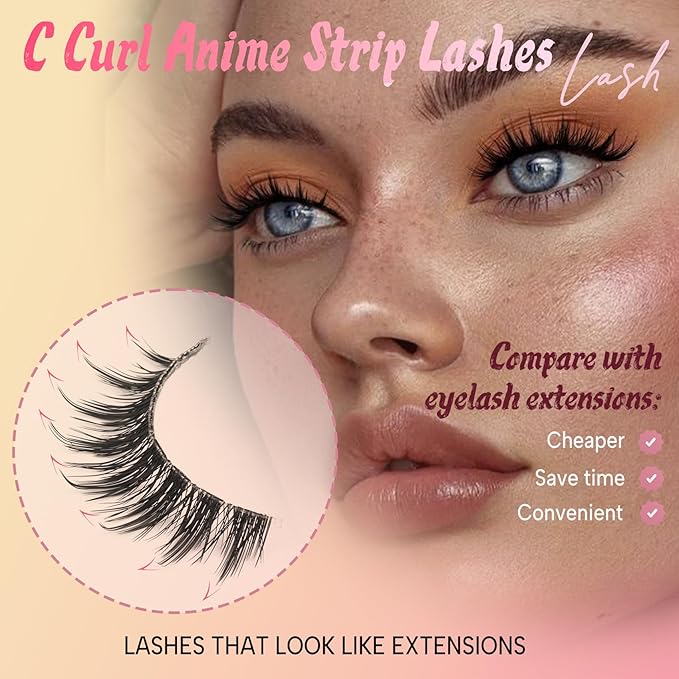 Ahrikiss Manga Lashes Spiky False Eyelashes C Curl Fake Lashes Natural Look 10 Pairs Anime Fake Eyelashes with Clear Band Wispy Faux Mink Lashes Look Like Individual Lashes (Anime)