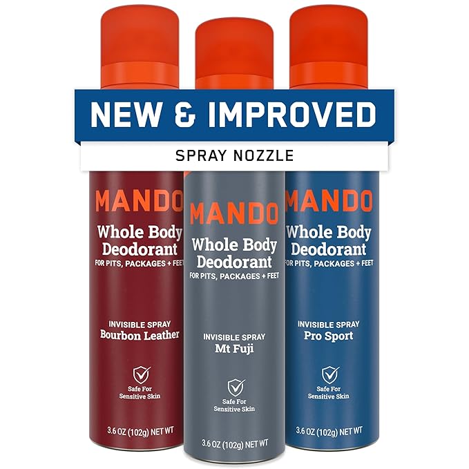 Mando Whole Body Deodorant For Men - Invisible Spray Deodorant - 72 Hour Odor Control - Low Irritation Formula - Aluminum Free, Benzene Free - 3.6 ounce - 3pk - Bourbon Leather, Mt Fuji, Pro Sport