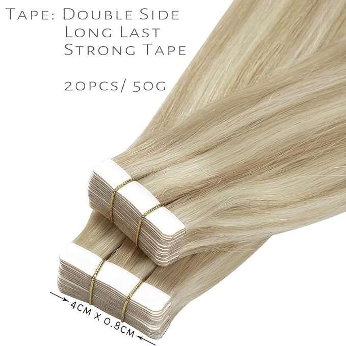 Lacer Hair Extensions Tape in Natural Highlight Skin Weft Real Virgin Hair Highlight Ash Blonde Mixed Light Blonde Color Double Side Remy Tape in Human Hair Extensions 50g 20pcs 22 Inch