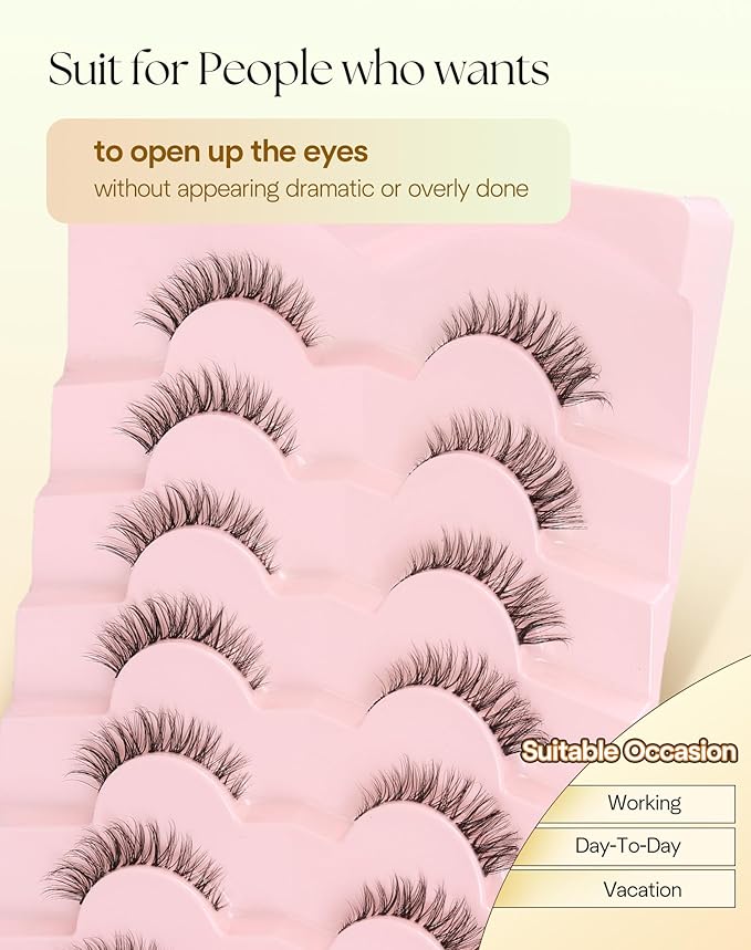 Natural Cat Eye Lashes 12MM False Eyelashes with Clear Band Wispy Lashes Natural Look C Curl Fake Eyelashes Pack 3D Volume Lash Strips ChirpyLuna Eyelash 7 Pair