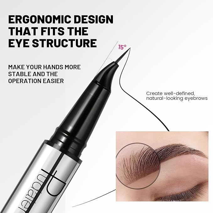 Pudaier 2 Pack 2 Fine Tip Eyebrow Pen, Waterproof Filling Faux Brow Makeup Pencils for Women with Precise Curved Brush-Tip to Fast Create Natural Hair-Like Brows, Last All-Day (Dark Brown)