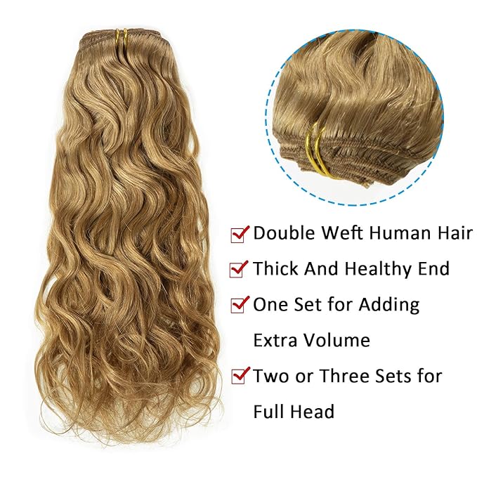 Caliee 20Inch Full Head Curly Clip in Hair Extension Strawberry Blonde Natural Wave Remy Human Hair for Black Women Wavy Curly Hair Extensions Clip Ins Double Weft #27 7Pcs 17Clips 120G/Pack
