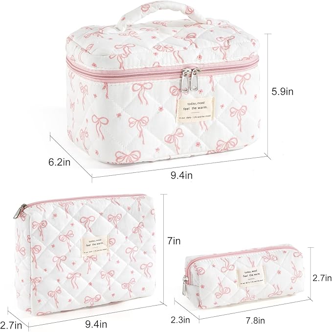 Makeup Bag for Women 3PCS Quilted Cotton Make Up Bag Travel Cosmetic Bag Large Makeup Bag Set Cute Bow Organizer Floral Toiletry Pouch for Purse, Bow B