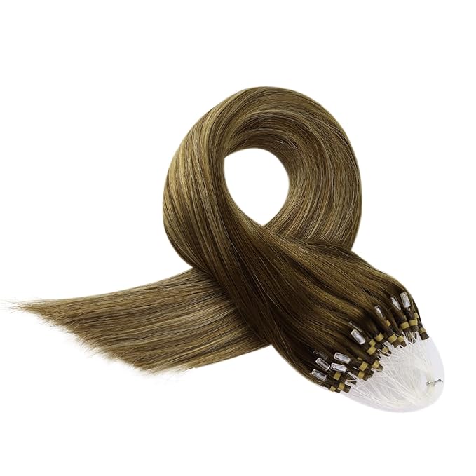 Full Shine Microloop Hair Extensions Human Hair 22 Inch 50 Grams Color 4/24/4 Medium Brown to Honey Blonde Mix Brown Micro Link Hair Extensions Remy Hair for Women add Length