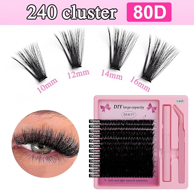 Lash Clusters Kit Eyelash Clusters Individual Lash Extension Kit 240 Pcs D Curly Cluster Lashes DIY Eyelash Extension Kit with Lash Bond and Seal Tweezers Brushes(80D Kit 10-16mm)