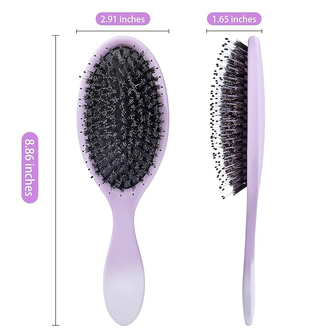 Boar Bristles Hair Brush for Women and Men, Detangling Hair Brush for Smoothing Massage Add Shine, Nylon&Boar Bristles Detangler brush for Hair Healthy (Purple&White)