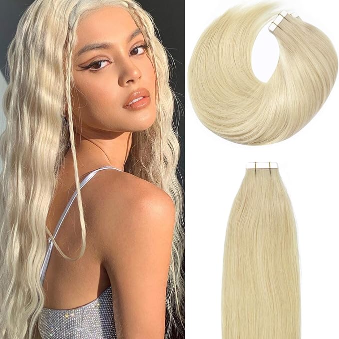 Lacer 18 Inch Hair Extensions Tape in Remy Human Hair Natural Light Platinum Blonde Color PU Skin Weft Double Side Real Human Hair Tape in Hair Extemsions 50g 20pcs/set