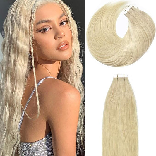Lacer Tape in Hair Extension Human Hair Natural Dip Dyed Light Platinum Blonde Invisible PU Skin Weft 100% Human Hair Extensions Tape ins Double Sided Weft 50g 20pcs/set 20 inch