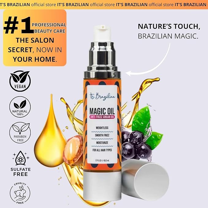IT'S BRAZILIAN Magic Oil – Anti-Frizz Argan Oil Hair Serum, Weightless Shine & Smooth Feel – 1.7 fl oz – Moisturizes & Tames Flyaways – For All Hair Types
