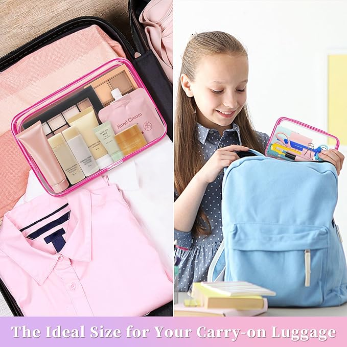 TISRATOK 12 PCS Clear Makeup Bag for Women with Zipper, TSA Approved Toiletry Pouch, Cosmetic Bag Bulk for Travel Organizer Essentials - Rose Red, Medium