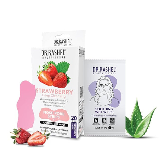 DR.RASHEL Strawberry Nose Pore Strips For Pore Cleansing, Instant And Painless Blackheads Removal | Deep Purifying Blackhead Remover Strips for Nose | 20 PCS (10 Strips & 10 Wipes)