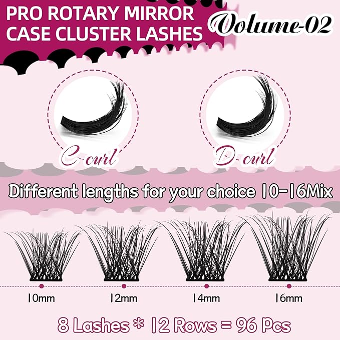 Lash Clusters, 96Pcs Cluster Lashes Rotary Mirror Case Individual Lashes DIY Lash Extension Eyelash Clusters 10-16 Mix Fluffy Wispy Lashes Thin Band Not Fall Apart(Volume 02, C-10-16mix)