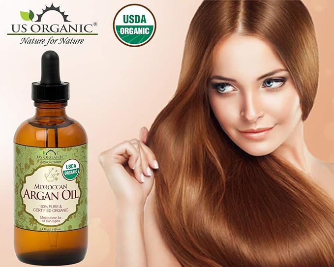 US Organic Moroccan Argan Oil, Cold-Pressed Virgin, USDA Certified, 100% Pure, Unrefined, for Hair, Skin, Nail & Cuticle Care, in Amber Glass Bottle, Sourced from Morocco (4 oz (Large))