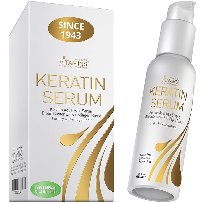 VITAMINS hair cosmetics Keratin Hair Serum for Frizzy and Damaged Hair - Anti Frizz Serum with Biotin, Castor Oil & Collagen for Heat Protection, Shine and Gloss Treatment - 4.25 Fl Oz