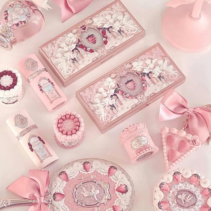 Flower Knows Strawberry Cupid 12-Piece Makeup Gift Box Set,Lip Cream×2+Liquid Blush×2+Makeup Palette×1+Hand Mirror×1+Solid Perfume×1+Hair Clip×1+Cushion Powder Puff×2+Eyeshadow Brush×1+Gift Box×1