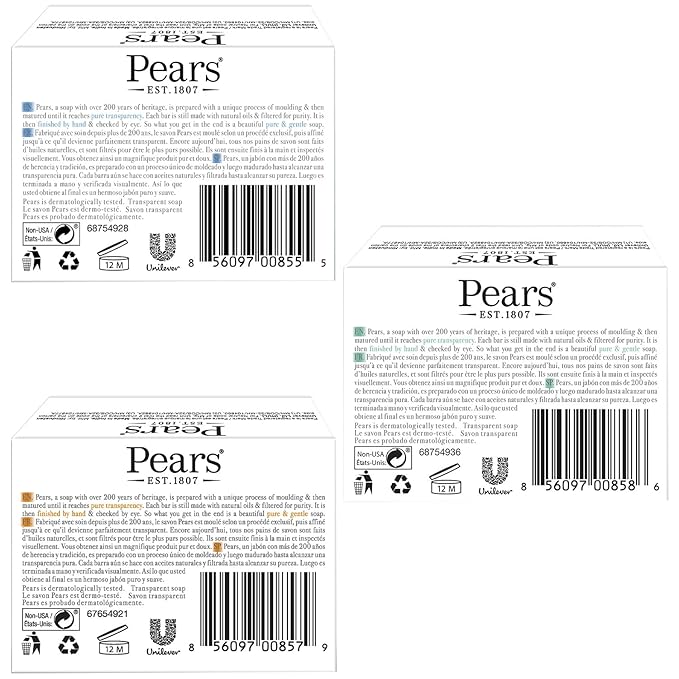 Pears Glycerin Soap Bar Variety 3-Pack, Transparent Green, Blue, and Amber Bars for Soft, Glowing Skin, 4.4 Oz Ea