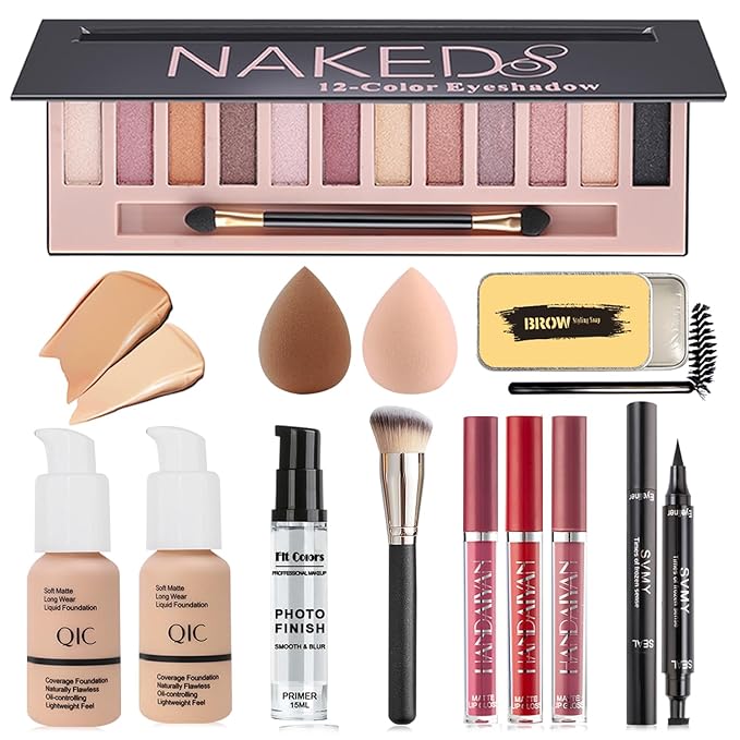 All in One Makeup Kit, Makeup Kit for Women Full Kit, Travel Make Up Gift Set for Women Teens Girls, Includes Eyeshadow, Foundation, Primer, Lipstick, Eyebrow Soap, Eyeliner Stamp, Brush, Sponge