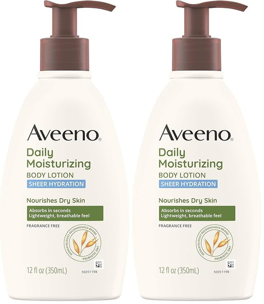 Aveeno Sheer Hydration Daily Moisturizing Fragrance-Free Lotion with Nourishing Prebiotic Oat, Fast-Absorbing Body Moisturizer for Dry Skin with Lightweight, Breathable Feel, 12 fl. oz (Pack of 2)