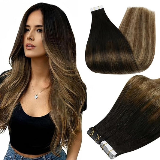 Full Shine Tape in Extensions Human Hair Color 1B Black Ombre 6 Brown And 27 Caramel Blonde Invisible Tape in Hair Extensions Human Hair 22Inch Remy Seamless Skin Weft 50Gram for Wedding 20Pcs