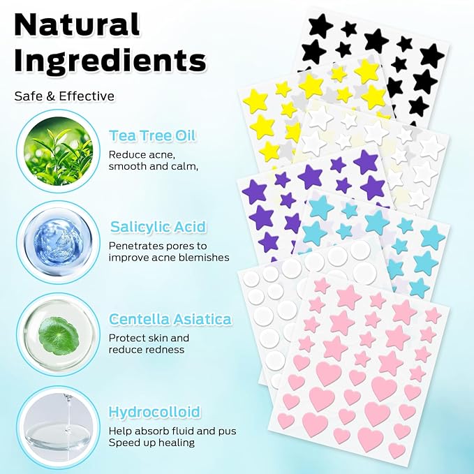 Pimple Patches for Face, Cute Pimple Patches Stars, Colorful Hydrocolloid Acne 271Patches 6 Sizes with Salicylic Acid, Tea Tree & Centella Oil (Round,Star,Peach Shapes)