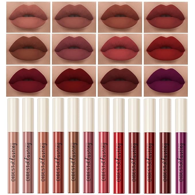 Matte Liquid Lipstick Set - 12 Pcs Long Lasting & Waterproof Lipstick Kit, Non Transfer Lip Stain with Nude, Dark Red | Full Coverage Lip Gloss Makeup Set for Women