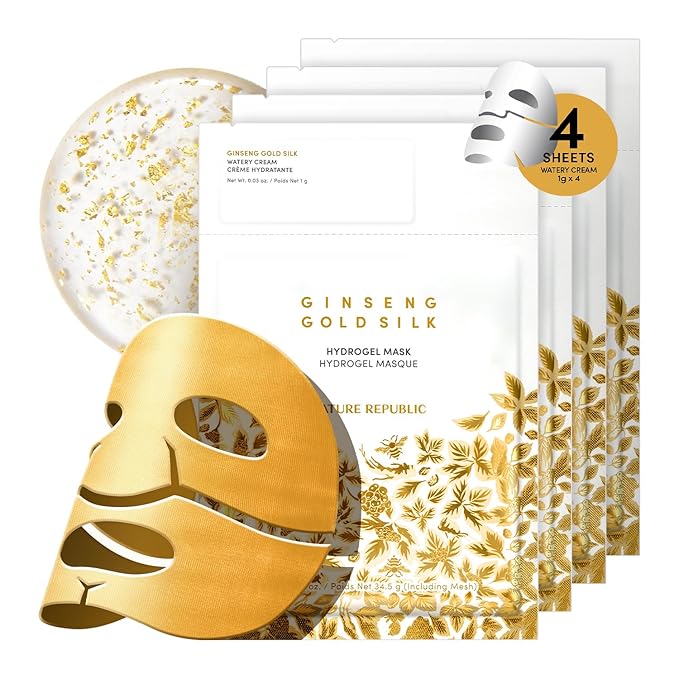 Nature Republic 2-Step Ginseng Gold Silk Hydrogel face Mask, Hydrating Overnight gold mask, Ginseng Niacinamide & Silk Amino Acid,Royal Jelly Extract, Holiday Gifts, Korean Skin Care 34.5g x4ea